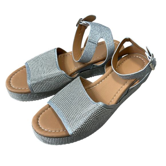 Silver Sparkle Rhinestone Sandals With Ankle Buckle Platform 8.5 - Picture 1 of 5